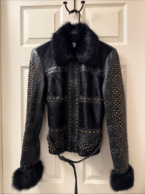Cache Jackets & Blazers - RARE Vintage CACHÉ Studded Leather Cowhide Fur Jacket Y2K Archival Mob Wife